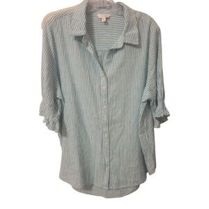 Crown & Ivy Top Women Mint Green/White Linen  Ruffled Elasticized Short Sleeves